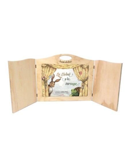 Set Kamishibai Natural + Láminas Cuento La Liebre y La Tortuga Vrs. Maga Villalón