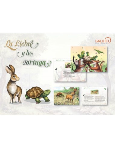 Set Kamishibai Natural + Láminas Cuento La Liebre y La Tortuga Vrs. Maga Villalón