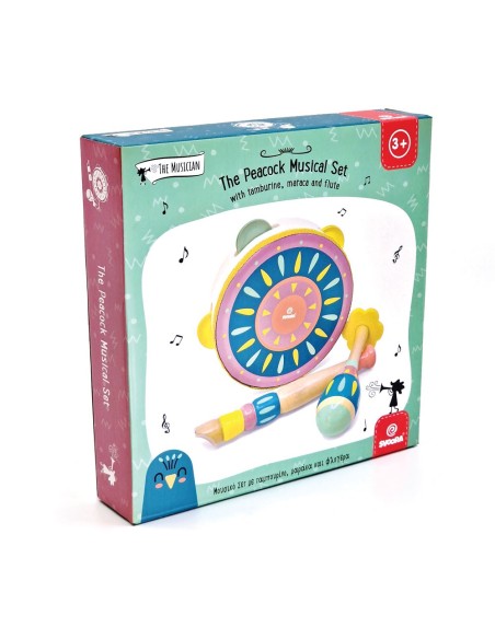 Set Musical Madera Pavo Real con Pandereta, Maraca y Mini Flauta